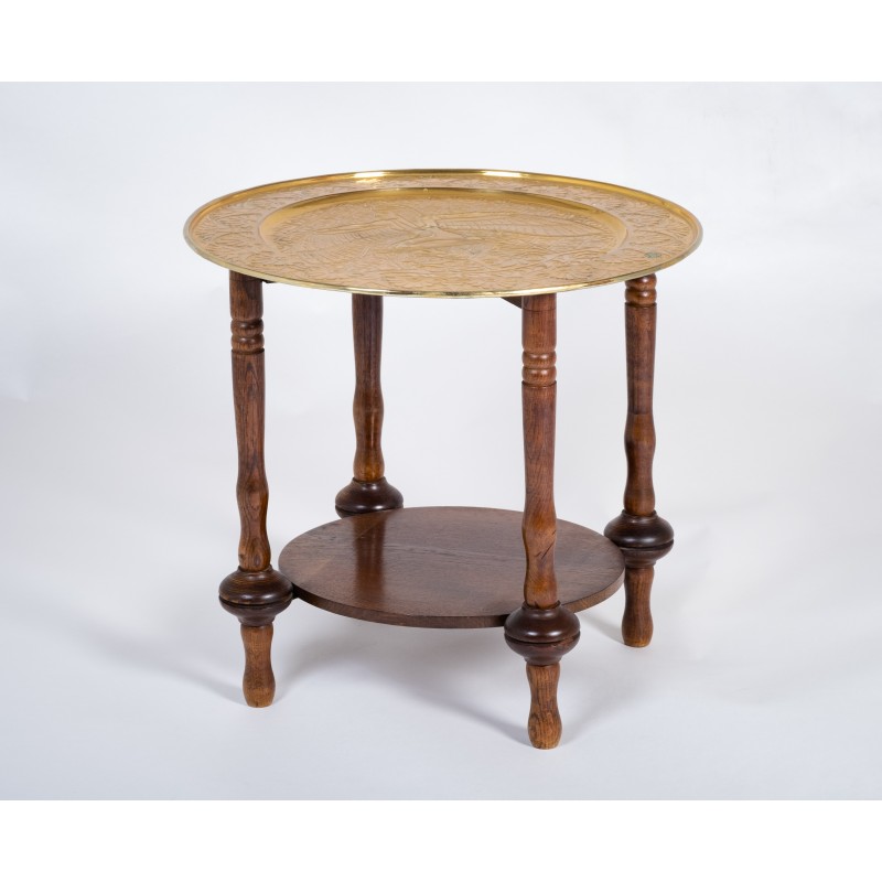 Vintage side table in wood and engraved brass