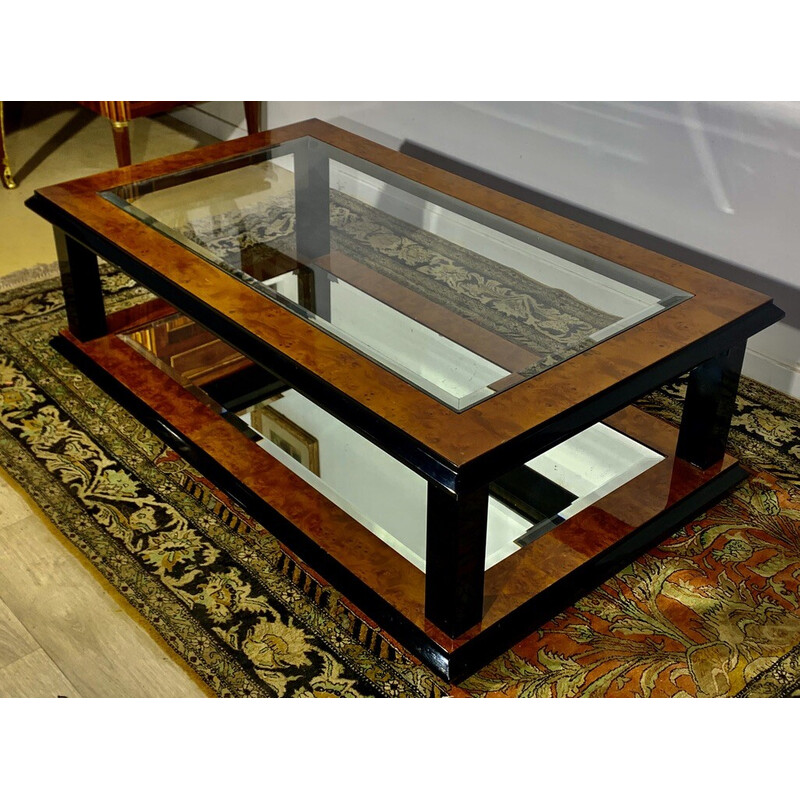 Table basse vintage en ronce de noyer et verre, 1960