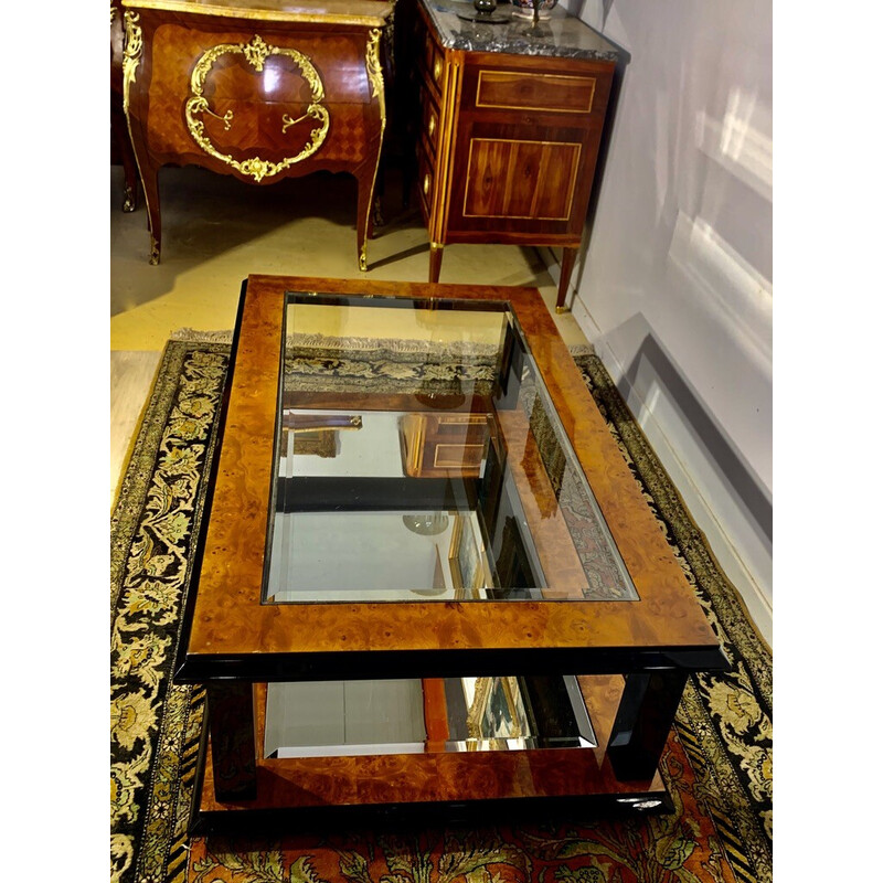 Vintage coffee table in burr walnut and glass, 1960