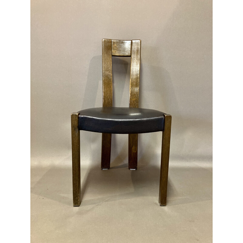 Conjunto de 6 cadeiras de couro preto vintage e nogueira, 1970