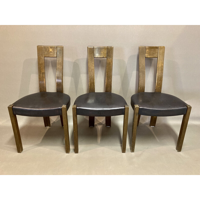 Set of 6 vintage black leather and walnut chairs, 1970