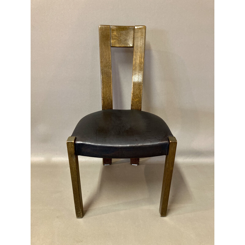 Set of 6 vintage black leather and walnut chairs, 1970