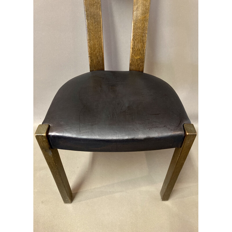 Satz von 6 Vintage-Stühlen aus schwarzem Leder und Walnussholz, 1970