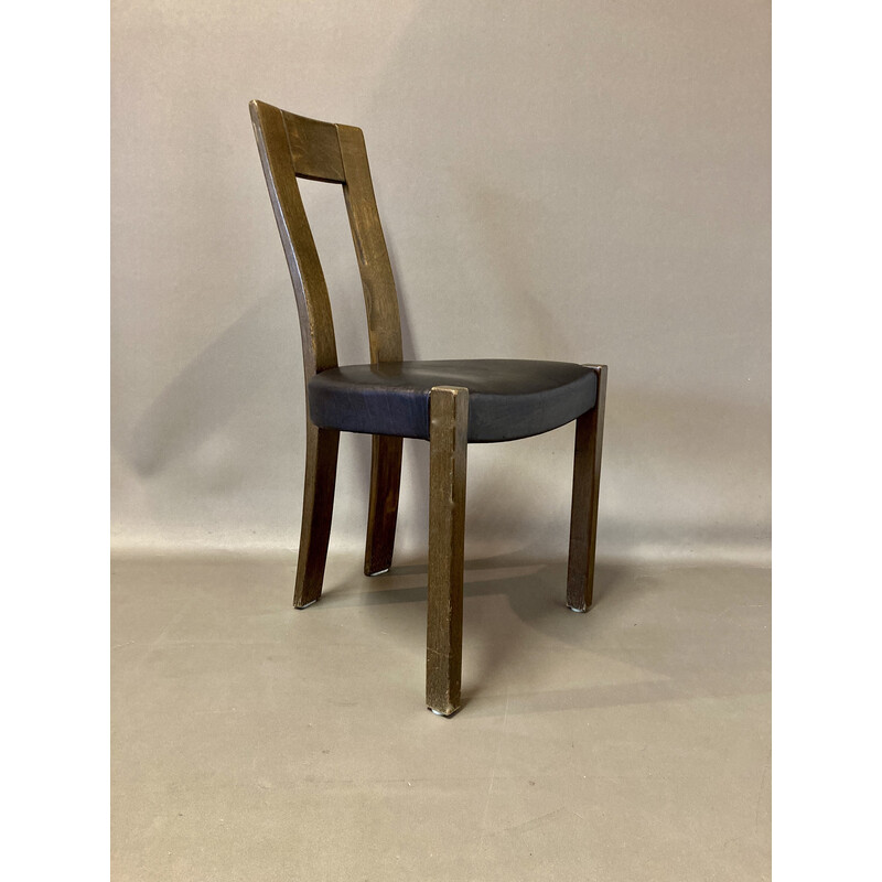 Juego de 6 sillas vintage de cuero negro y nogal, 1970