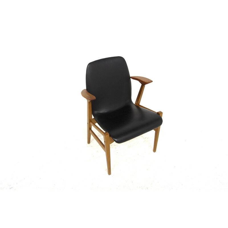 Vintage fauteuil in skai, beukenhout en teak voor Svegards Markaryd, Zweden 1950