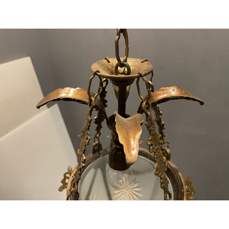 Par de lâmpadas pendentes vintage em vidro e bronze gravados, década de 1970