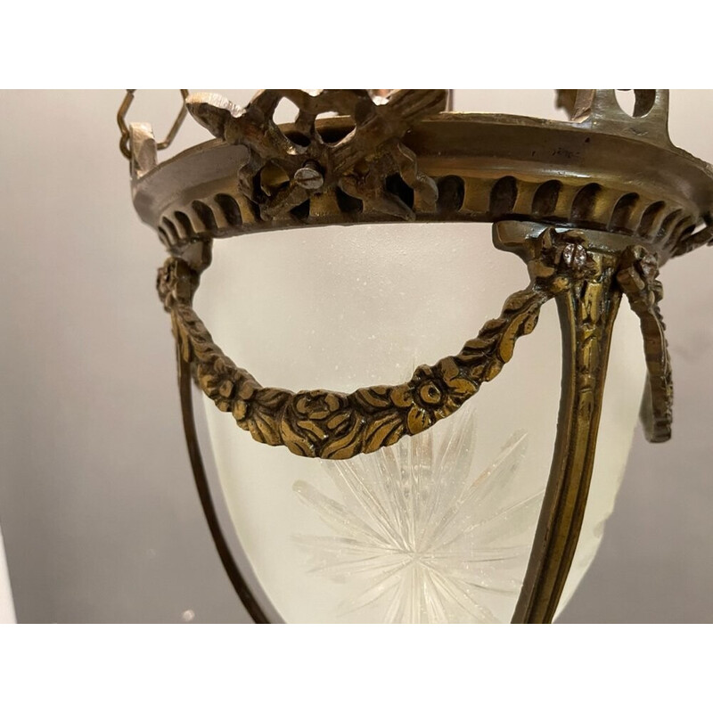 Coppia di lampade a sospensione vintage in vetro acidato e bronzo, anni '70