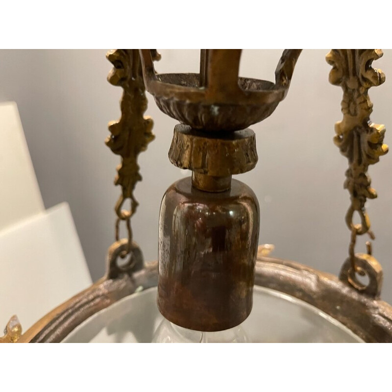 Pareja de lámparas colgantes vintage en vidrio grabado y bronce, años 70