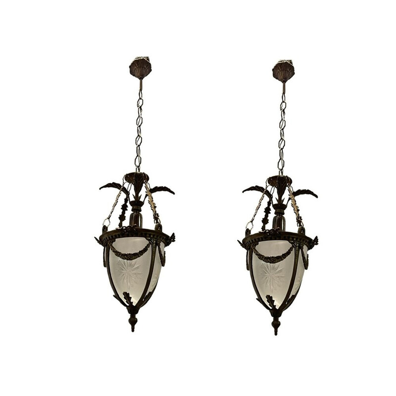 Pair of vintage pendant lamps in etched glass and bronze, 1970s
