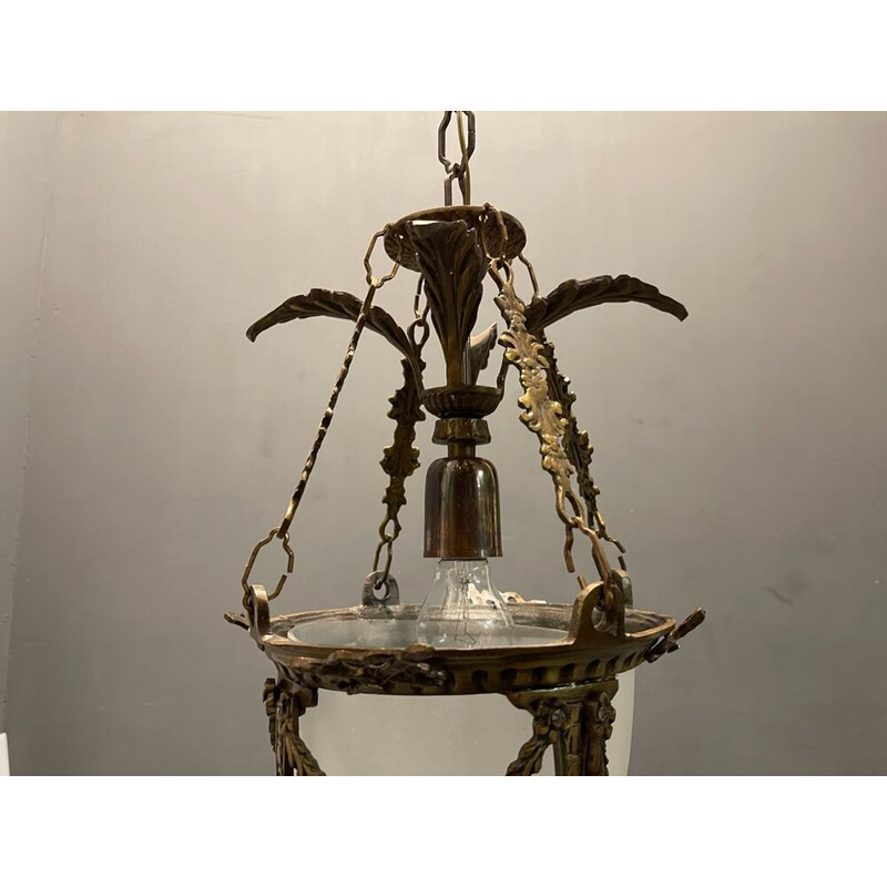 Pareja de lámparas colgantes vintage en vidrio grabado y bronce, años 70