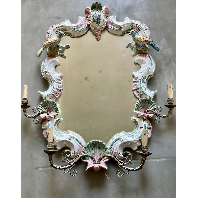 Vintage mirror with ceramic wall lamp, 1950s