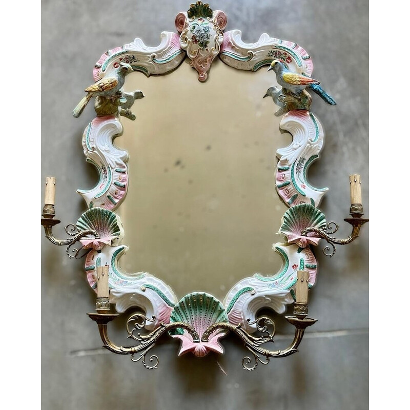 Specchio vintage con lampada da parete in ceramica, anni '50