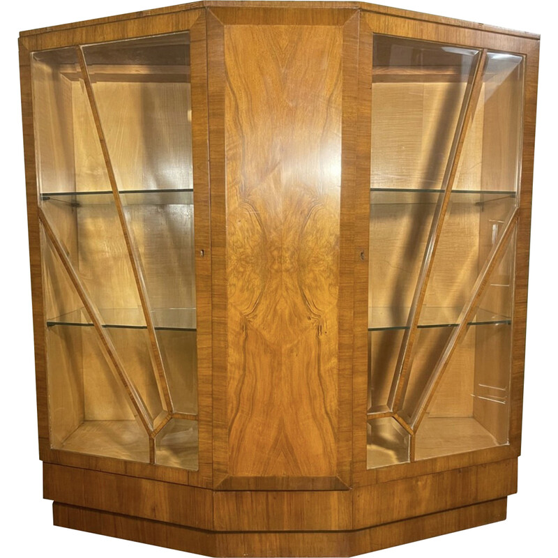 Art Deco vintage burr walnut and maple sunburst cabinet bar, 1930s