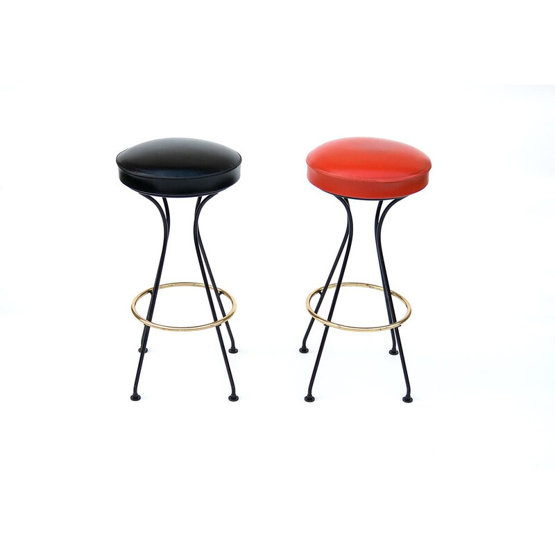 Pair of vintage metal and brass bar stools, 1950s