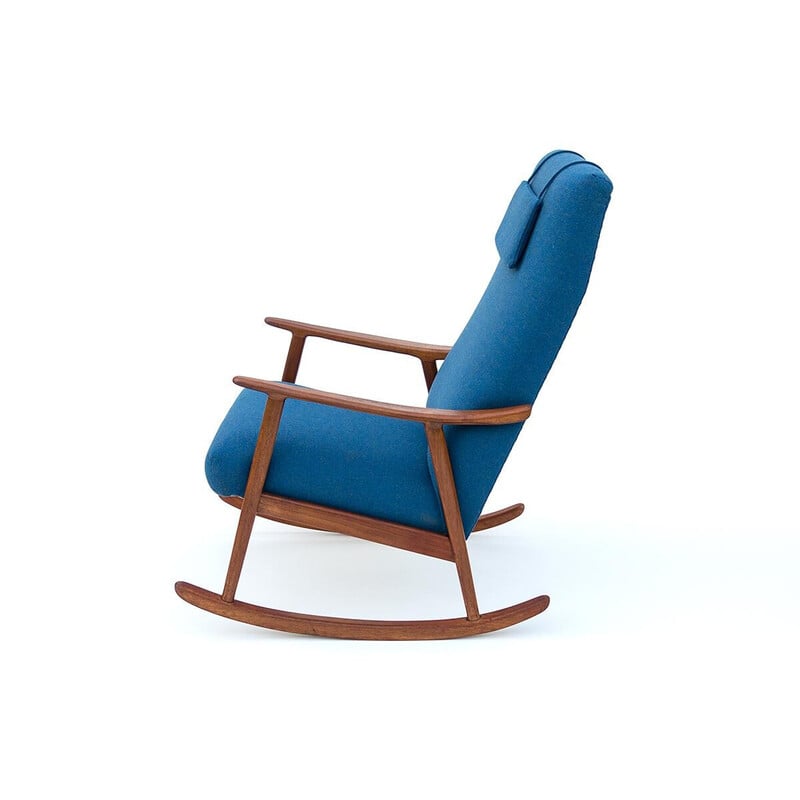 Scandinavian vintage teak and blue wool high back rocking chair, 1950