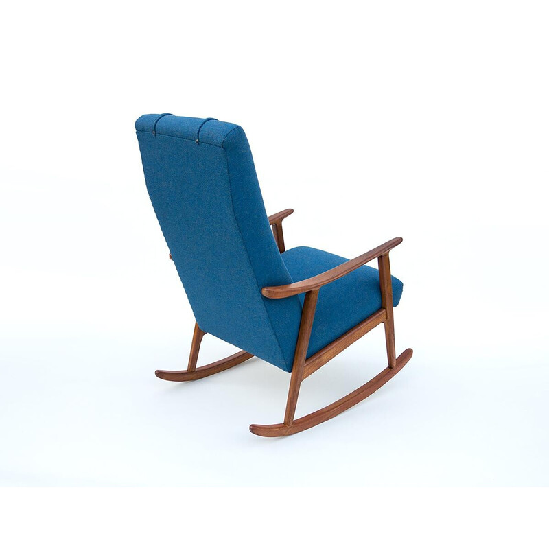 Chaise à bascule scandinave vintage en teck et laine bleue à haut dossier, 1950