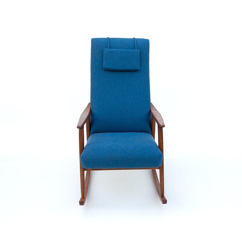 Chaise à bascule scandinave vintage en teck et laine bleue à haut dossier, 1950