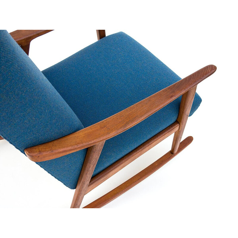 Scandinavian vintage teak and blue wool high back rocking chair, 1950