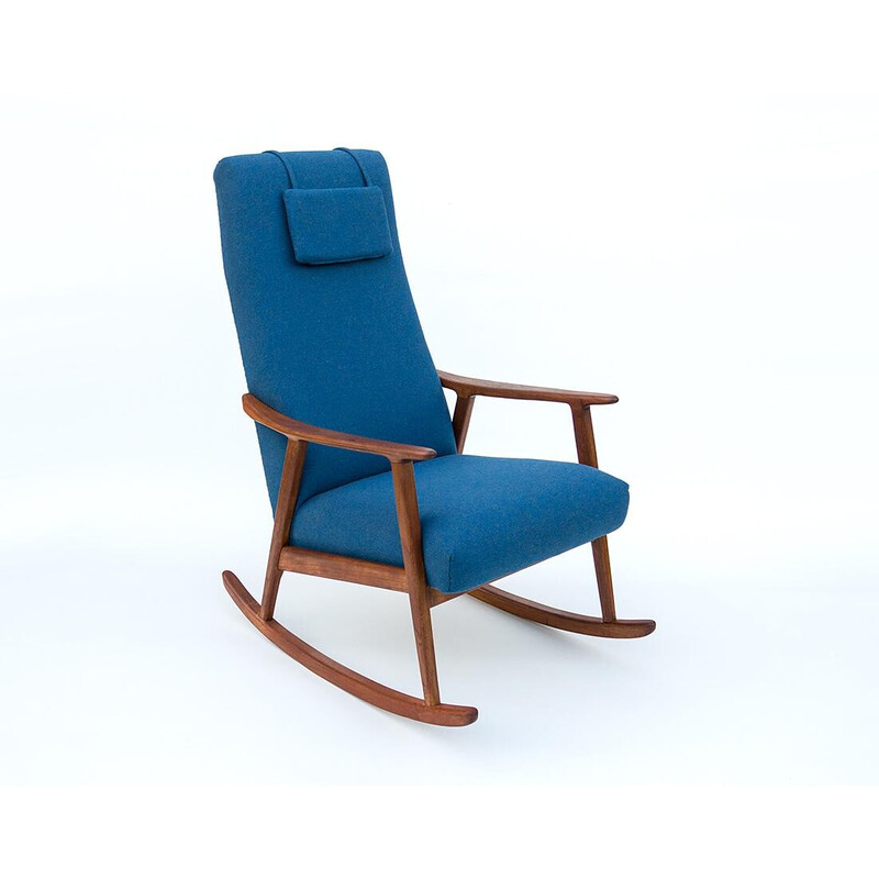 Scandinavische schommelstoel van teakhout en blauwe wol met hoge rugleuning, 1950