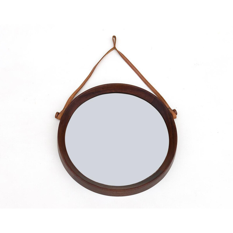 Mid-century Danish teak mirror on leather strap, 1950s