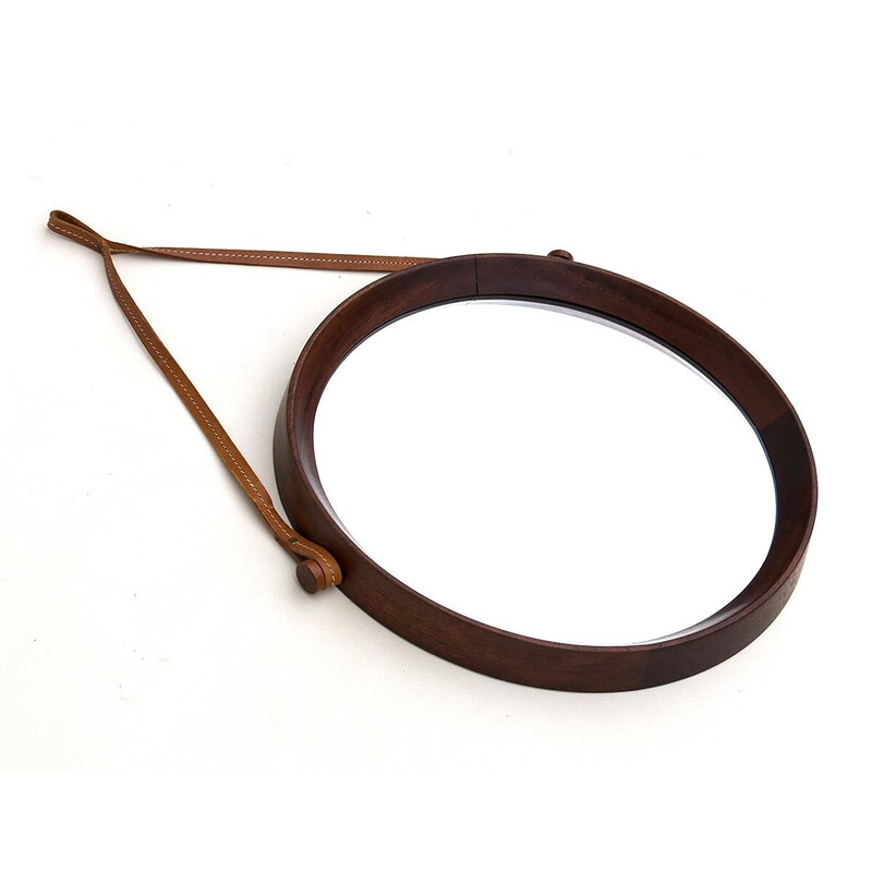 Mid-century Danish teak mirror on leather strap, 1950s