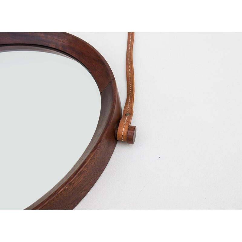 Mid-century Danish teak mirror on leather strap, 1950s