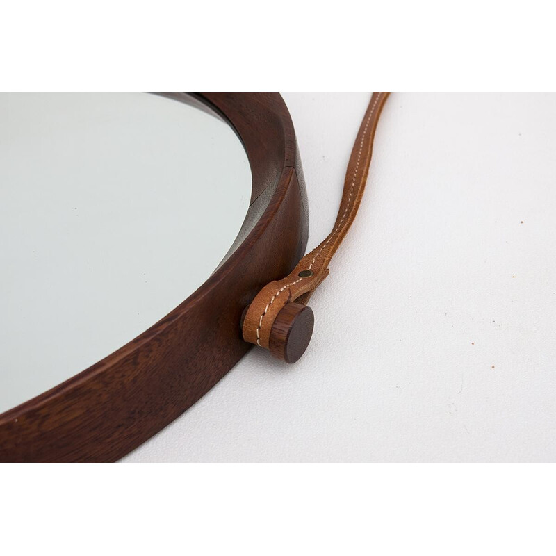 Mid-century Danish teak mirror on leather strap, 1950s