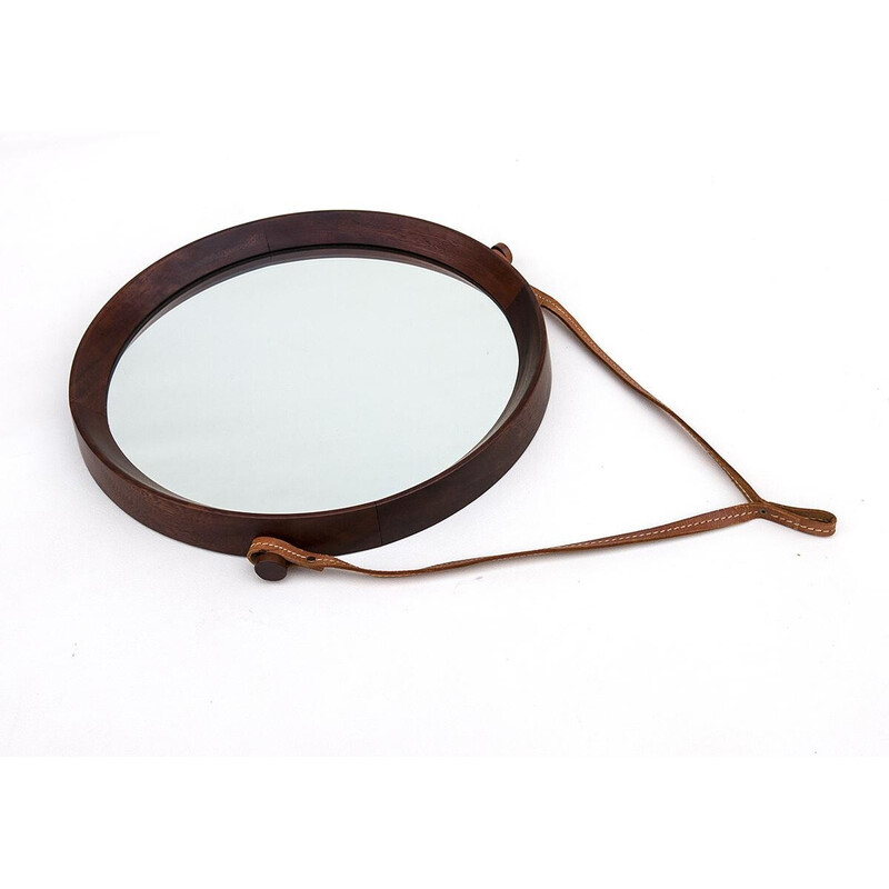 Mid-century Danish teak mirror on leather strap, 1950s