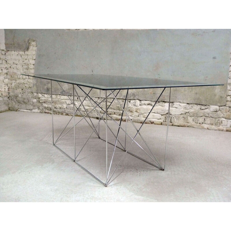 Table à manger en verre avec piétement en métal - 1980