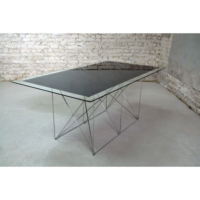 Glass dining table with chromed steel base - 1980s