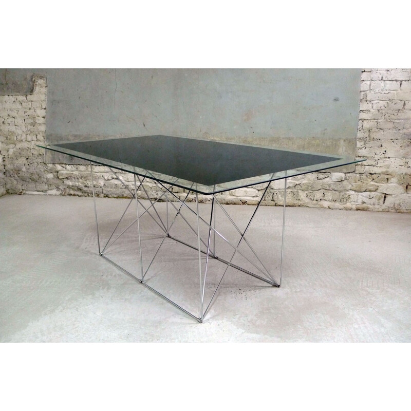 Glass dining table with chromed steel base - 1980s