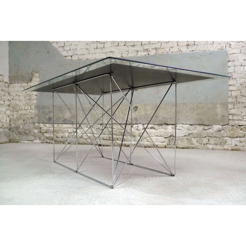 Glass dining table with chromed steel base - 1980s