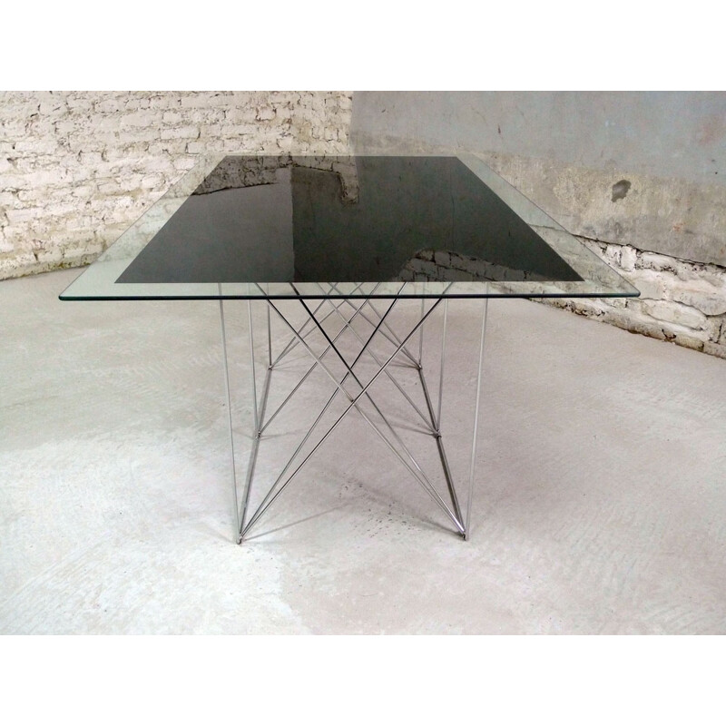 Glass dining table with chromed steel base - 1980s