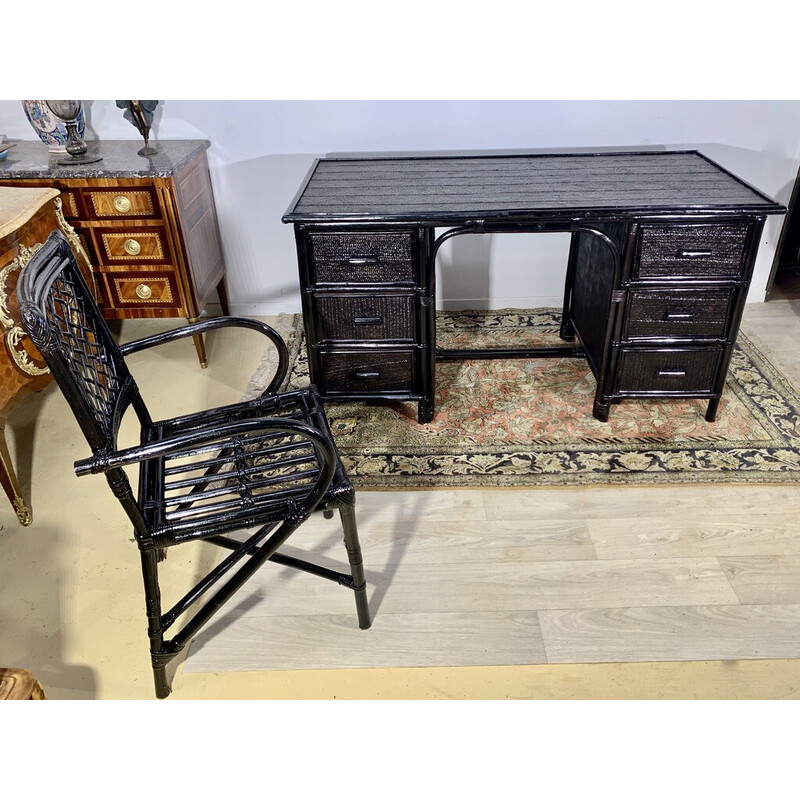Vintage bamboo and black lacquered rattan desk and armchair, 1960-1970
