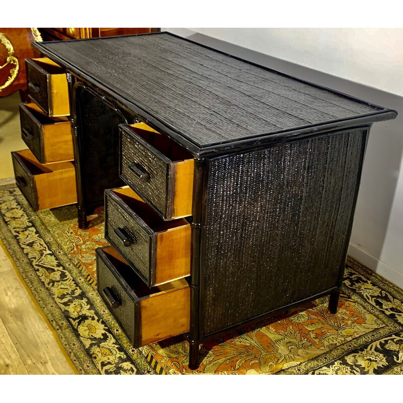Vintage zwart gelakt bamboe en rotan bureau en stoel, 1960-1970