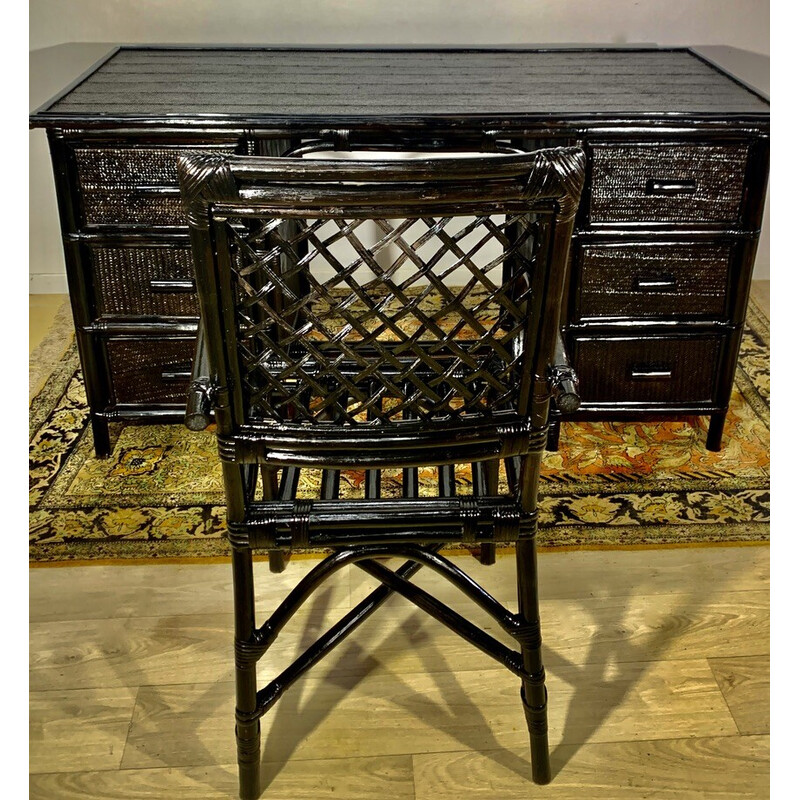 Vintage bamboo and black lacquered rattan desk and armchair, 1960-1970