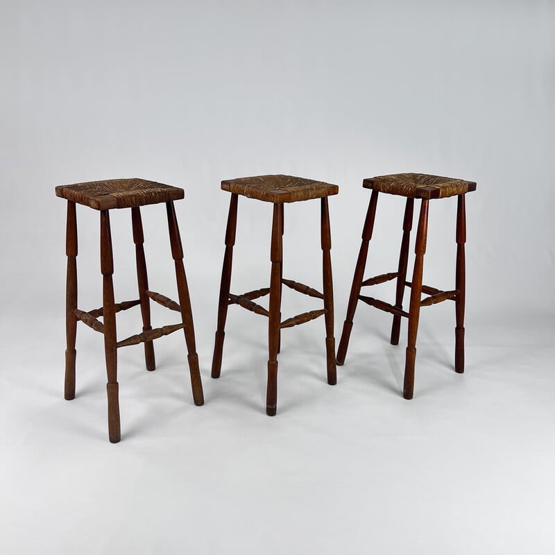 Mid century oakwood and straw bar stools, 1960s