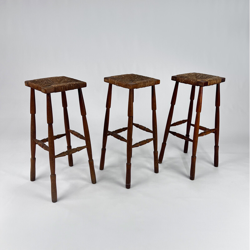 Mid century oakwood and straw bar stools, 1960s