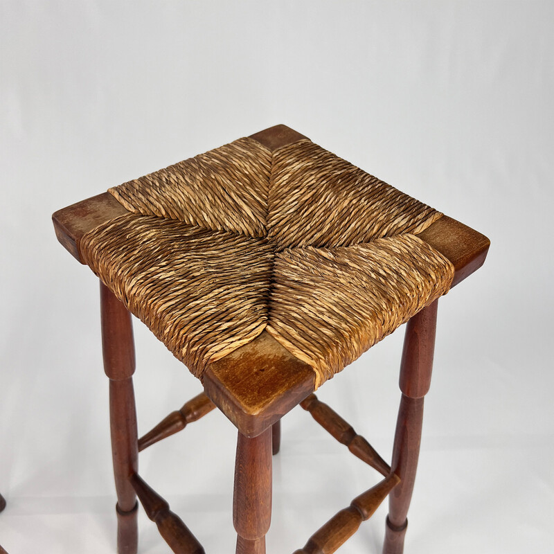 Mid century oakwood and straw bar stools, 1960s