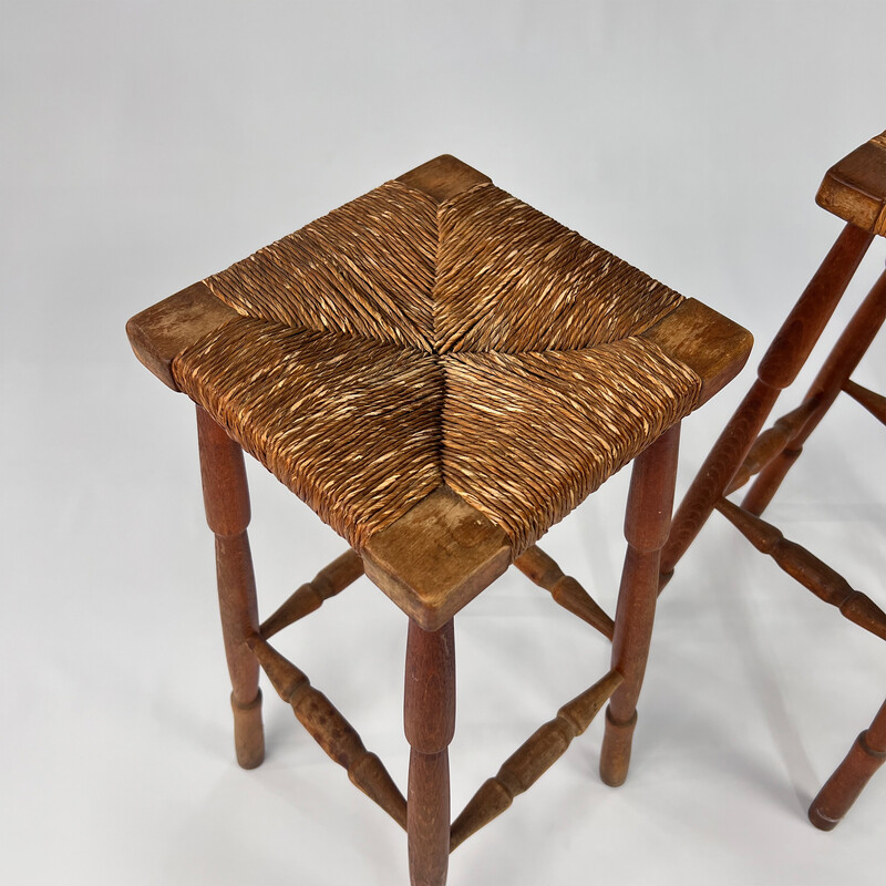 Mid century oakwood and straw bar stools, 1960s