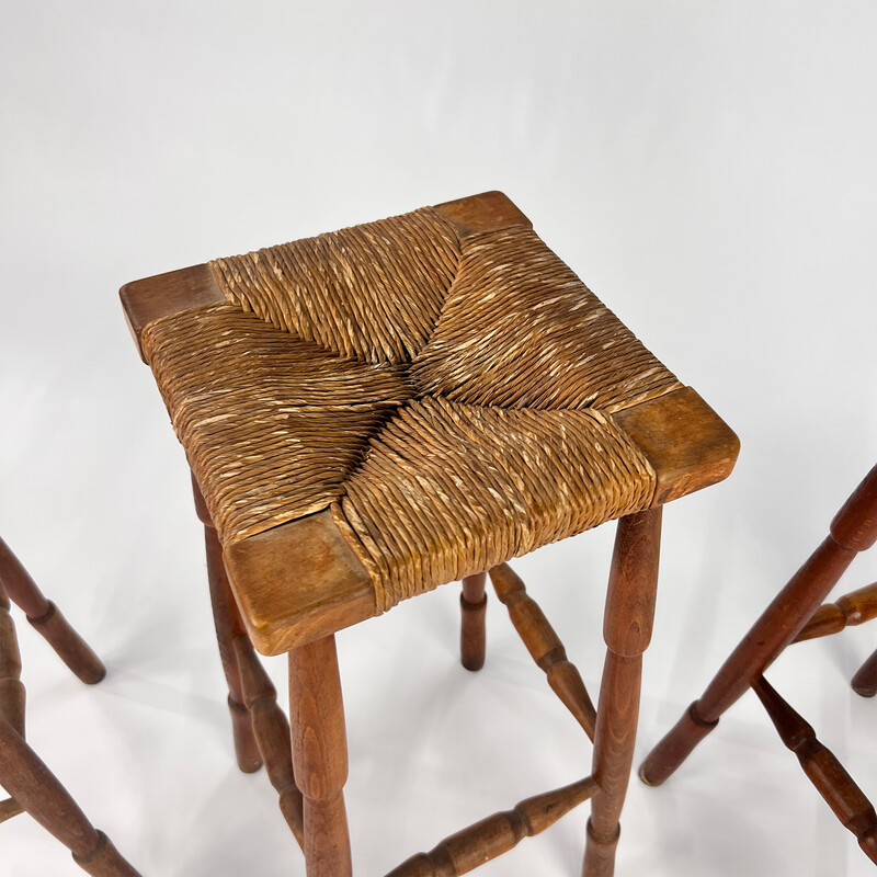 Mid century oakwood and straw bar stools, 1960s