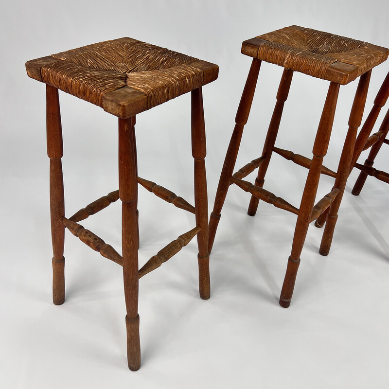 Mid century oakwood and straw bar stools, 1960s