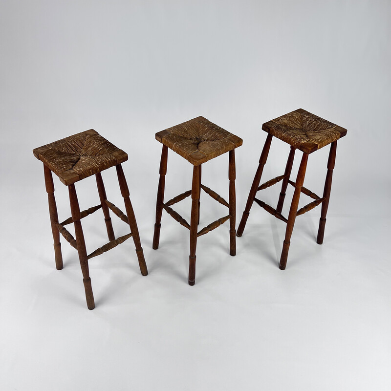 Mid century oakwood and straw bar stools, 1960s