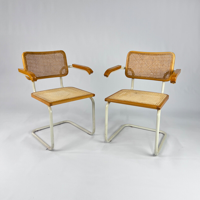 Vintage tubular frame and cane cantilever armchairs, Italy 1970s