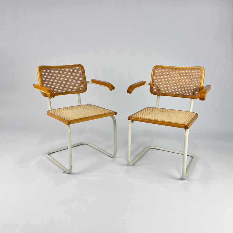 Vintage tubular frame and cane cantilever armchairs, Italy 1970s