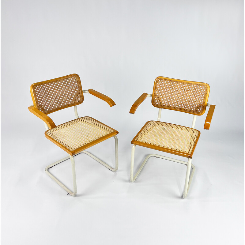 Vintage tubular frame and cane cantilever armchairs, Italy 1970s