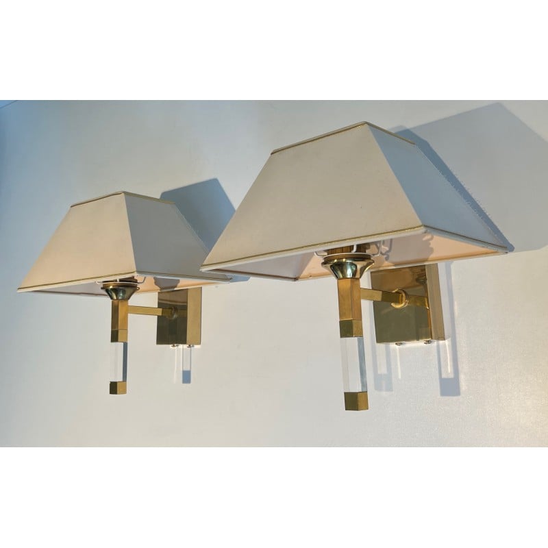 Pair of vintage wall lamps in plexiglass and gilded metal, France 1970