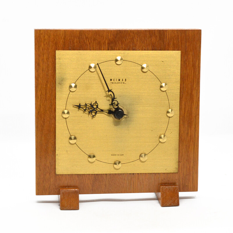 Vintage brass and teak mantel clock for Weimar, Germany 1970s