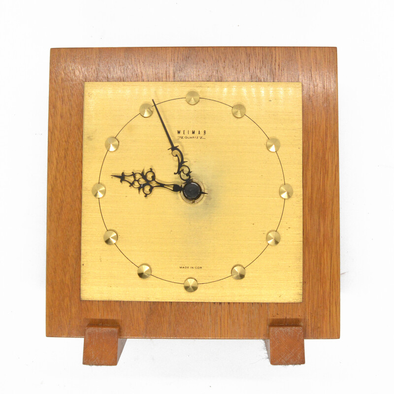 Horloge de cheminée vintage en laiton et teck pour Weimar, Allemagne 1970