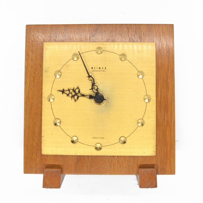 Vintage brass and teak mantel clock for Weimar, Germany 1970s